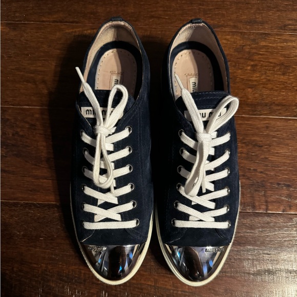 Miu Miu Navy Blue Suede Metal Cap Toe Lace Up Sneakers- 40 - Picture 3 of 14